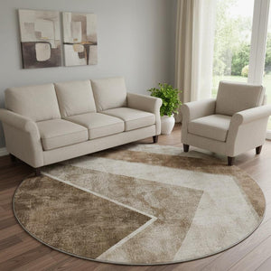 HomeRoots 8' Brown and Beige Geometric Round Rug - Washable, UV-Protected, Family-Friendly Design for Homes! 655552
