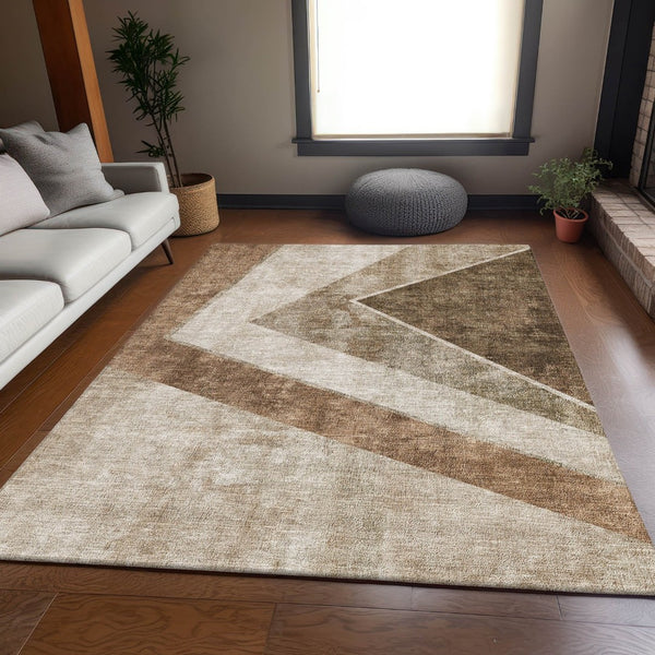 HomeRoots 9' X 12' Brown and Beige Geometric Washable Area Rug – Durable, UV Protected, and Stain Resistant! 655554