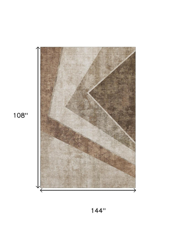 HomeRoots 9' X 12' Brown and Beige Geometric Washable Area Rug – Durable, UV Protected, and Stain Resistant! 655554