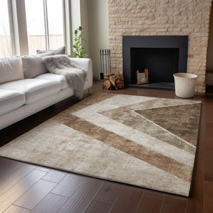 HomeRoots 9' X 12' Brown and Beige Geometric Washable Area Rug – Durable, UV Protected, and Stain Resistant! 655554