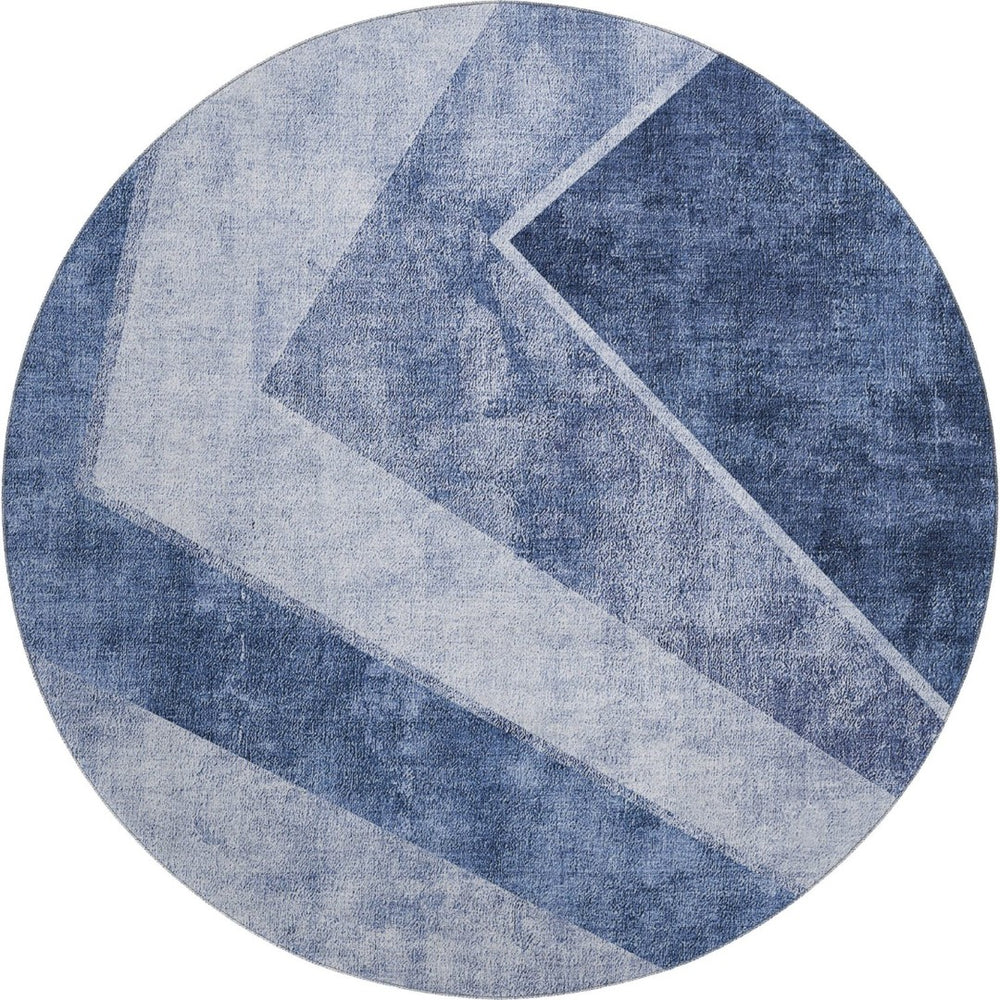 HomeRoots 8' Blue and Ivory Geometric Round Rug - Washable, UV-Protected, Durable, Ideal for Homes with Kids! 655558