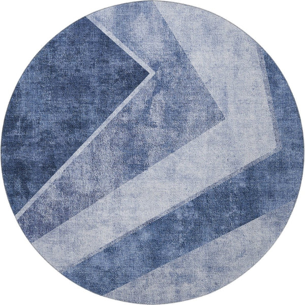 HomeRoots 8' Blue and Ivory Geometric Round Rug - Washable, UV-Protected, Durable, Ideal for Homes with Kids! 655558