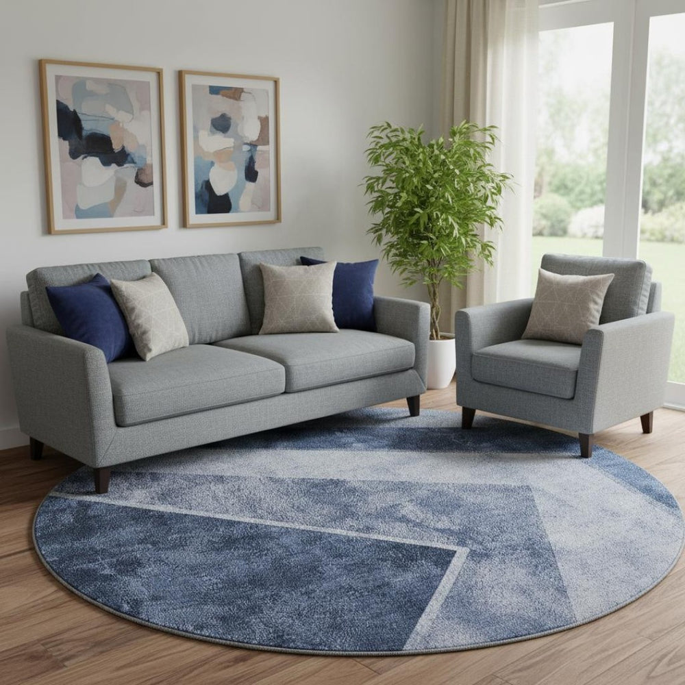 HomeRoots 8' Blue and Ivory Geometric Round Rug - Washable, UV-Protected, Durable, Ideal for Homes with Kids! 655558