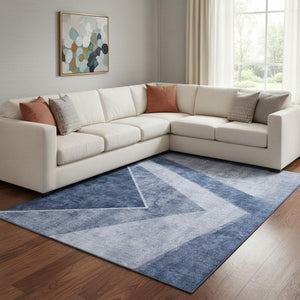 HomeRoots 8' X 10' Blue and Ivory Geometric Area Rug – Washable, UV Protected, Durable for High-Traffic Spaces 655559