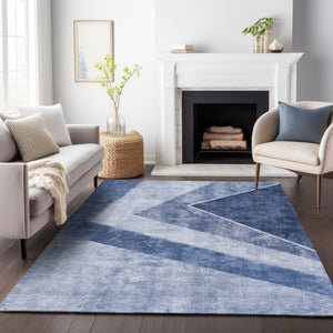 HomeRoots 9' X 12' Blue and Ivory Geometric Area Rug - Washable, UV-Protected, Perfect for High-Traffic Spaces! 655560