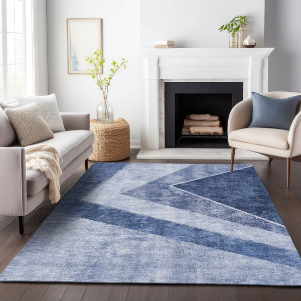 HomeRoots 9' X 12' Blue and Ivory Geometric Area Rug - Washable, UV-Protected, Perfect for High-Traffic Spaces! 655560