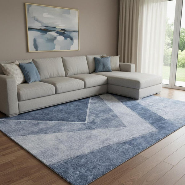 HomeRoots 9' X 12' Blue and Ivory Geometric Area Rug - Washable, UV-Protected, Perfect for High-Traffic Spaces! 655560