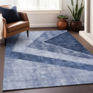 HomeRoots 9' X 12' Blue and Ivory Geometric Area Rug - Washable, UV-Protected, Perfect for High-Traffic Spaces! 655560