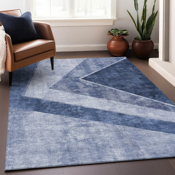HomeRoots 9' X 12' Blue and Ivory Geometric Area Rug - Washable, UV-Protected, Perfect for High-Traffic Spaces! 655560