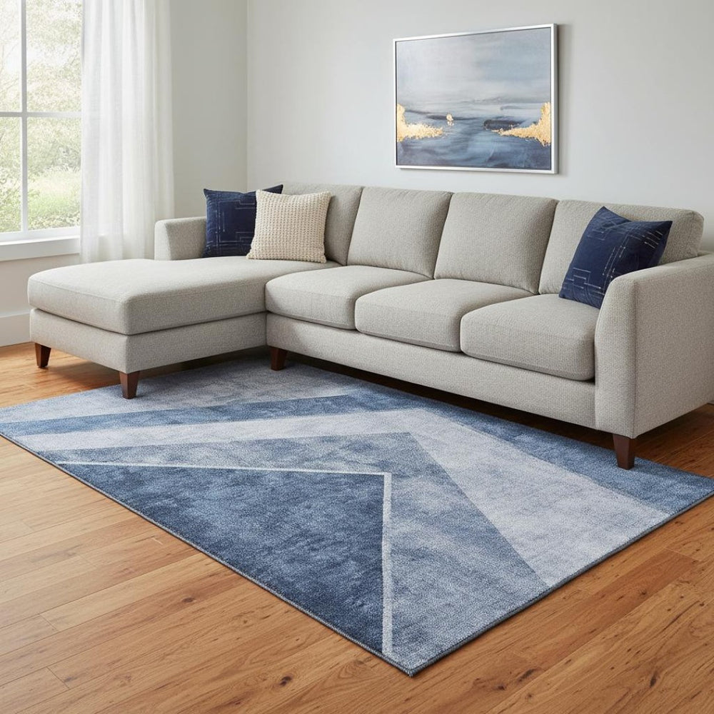 HomeRoots 10' X 14' Blue and Ivory Geometric Area Rug - Durable, Stain-Resistant, UV Protected, Easy Care! 655561