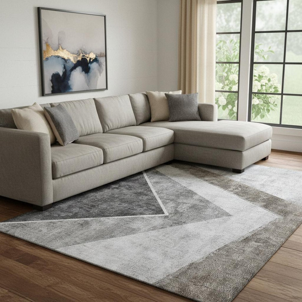 HomeRoots 9' X 12' Gray Brown Silver Geometric Washable Area Rug – Durable, UV Protected, Modern Style for Homes 655566