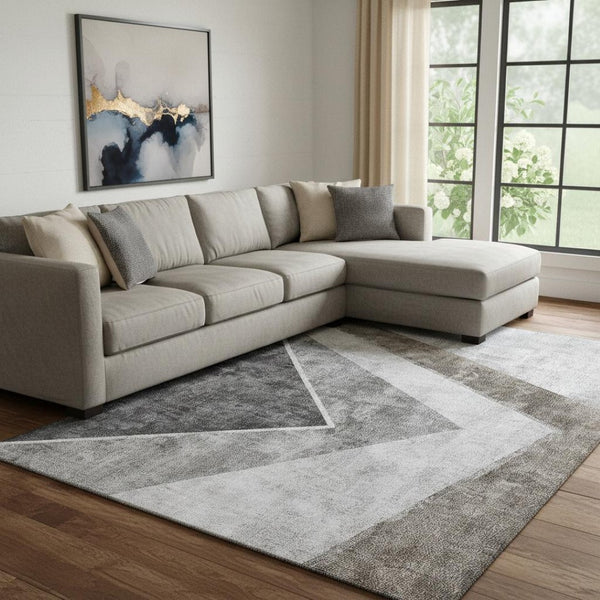 HomeRoots 9' X 12' Gray Brown Silver Geometric Washable Area Rug – Durable, UV Protected, Modern Style for Homes 655566