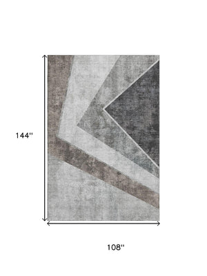 HomeRoots 9' X 12' Gray Brown Silver Geometric Washable Area Rug – Durable, UV Protected, Modern Style for Homes 655566