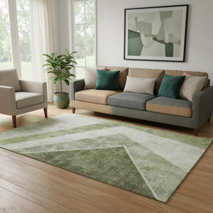 HomeRoots 5' X 8' Olive Green Gray & Silver Geometric Area Rug – Washable, UV-Protected, Durable & Stylish! 655569