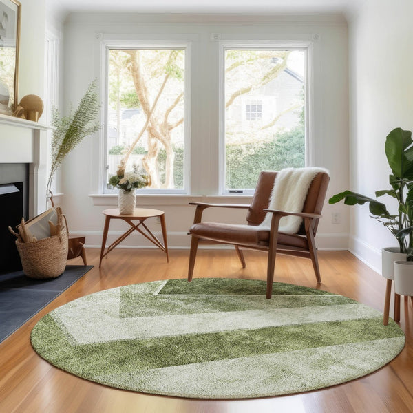 HomeRoots 8' Washable Round Area Rug in Olive Green, Gray & Silver - Durable, UV-Protected & Stylish Design 655570