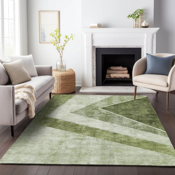 HomeRoots 8' X 10' Washable Geometric Area Rug in Olive Green and Silver - UV Protected, Stain Resistant, Durable Design 655571