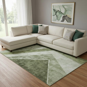 HomeRoots 8' X 10' Washable Geometric Area Rug in Olive Green and Silver - UV Protected, Stain Resistant, Durable Design 655571