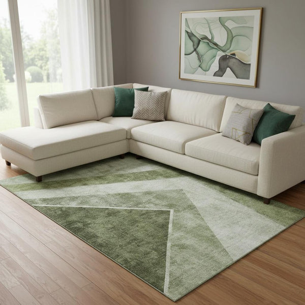 HomeRoots 8' X 10' Washable Geometric Area Rug in Olive Green and Silver - UV Protected, Stain Resistant, Durable Design 655571
