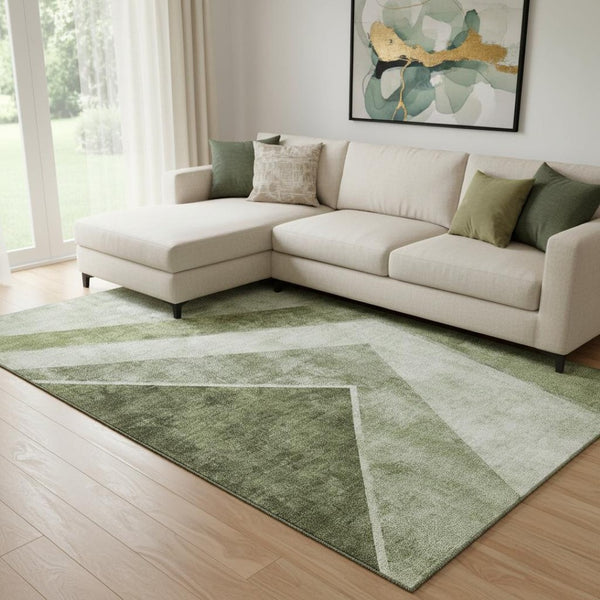 HomeRoots 9' X 12' Olive Green Gray Silver Geometric Area Rug - Stylish, Washable, UV-Protected for High Traffic Areas 655572