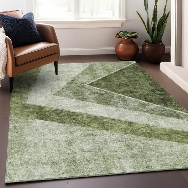 HomeRoots 10' Washable Olive Green Gray Silver Geometric Area Rug - Durable, Stain Resistant & UV Protected 655573