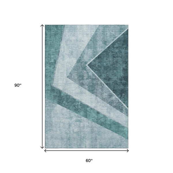 HomeRoots 5' X 8' Teal And Ivory Geometric Area Rug – Washable, Stain-Resistant, UV Protected for Homes 655575