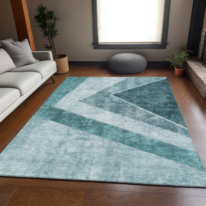 HomeRoots 5' X 8' Teal And Ivory Geometric Area Rug – Washable, Stain-Resistant, UV Protected for Homes 655575