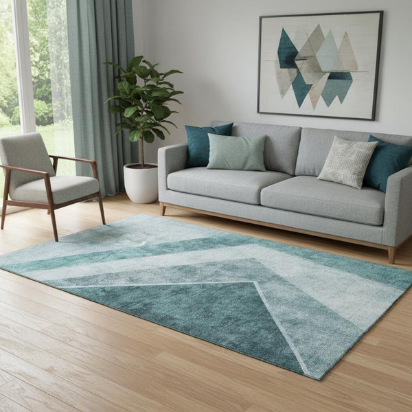 HomeRoots 5' X 8' Teal And Ivory Geometric Area Rug – Washable, Stain-Resistant, UV Protected for Homes 655575