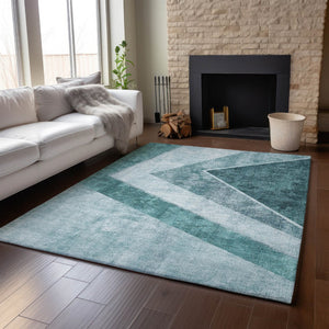 HomeRoots 5' X 8' Teal And Ivory Geometric Area Rug – Washable, Stain-Resistant, UV Protected for Homes 655575