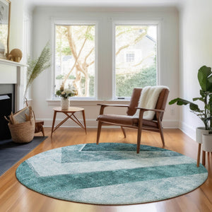 HomeRoots 8' Teal and Ivory Geometric Round Rug – Durable, Washable, UV-Protected for Modern Spaces & Homes 655576