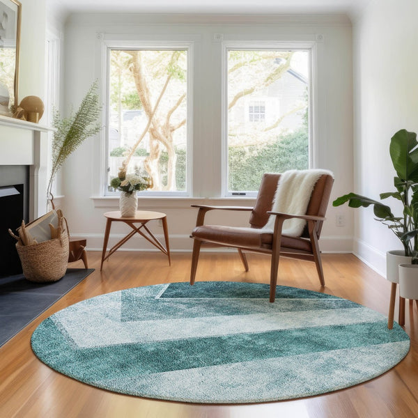HomeRoots 8' Teal and Ivory Geometric Round Rug – Durable, Washable, UV-Protected for Modern Spaces & Homes 655576