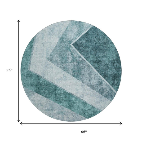 HomeRoots 8' Teal and Ivory Geometric Round Rug – Durable, Washable, UV-Protected for Modern Spaces & Homes 655576
