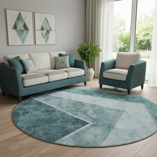 HomeRoots 8' Teal and Ivory Geometric Round Rug – Durable, Washable, UV-Protected for Modern Spaces & Homes 655576