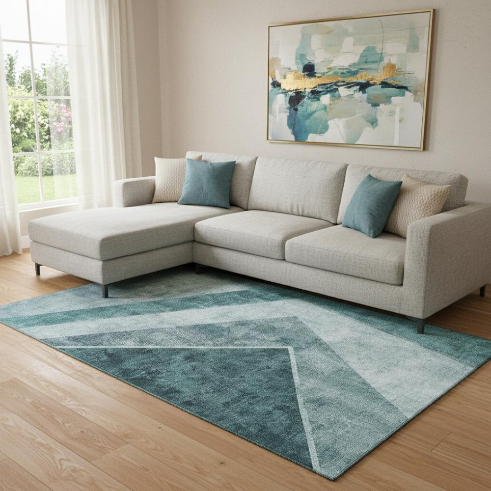 HomeRoots 9' X 12' Teal and Ivory Geometric Area Rug – Washable, UV Protected, Stylish for Every Space! 655578
