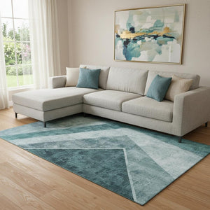 HomeRoots 9' X 12' Teal and Ivory Geometric Area Rug – Washable, UV Protected, Stylish for Every Space! 655578