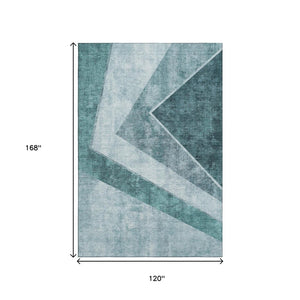 HomeRoots 10' X 14' Teal & Ivory Geometric Area Rug - Washable, UV Protected, Durable for High-Traffic Areas 655579