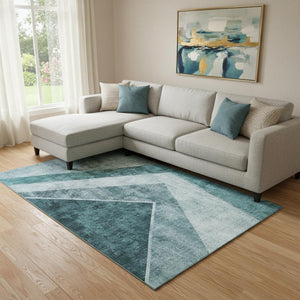 HomeRoots 10' X 14' Teal & Ivory Geometric Area Rug - Washable, UV Protected, Durable for High-Traffic Areas 655579