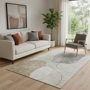 HomeRoots 5' X 8' Beige and Brown Abstract Area Rug - Washable, UV-Protected, Stylish & Durable for Homes 655581