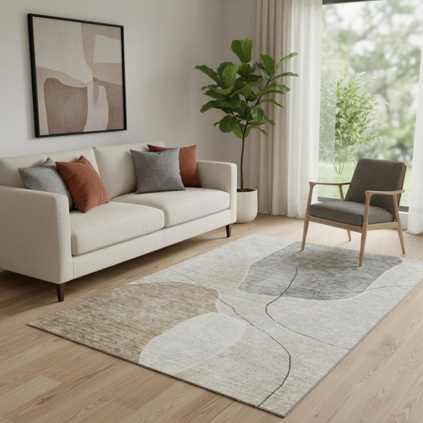 HomeRoots 5' X 8' Beige and Brown Abstract Area Rug - Washable, UV-Protected, Stylish & Durable for Homes 655581