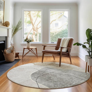 HomeRoots 8' Beige and Brown Abstract Washable Round Rug - Durable, UV-Protected, Ideal for Busy Homes 655582