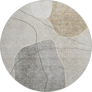 HomeRoots 8' Beige and Brown Abstract Washable Round Rug - Durable, UV-Protected, Ideal for Busy Homes 655582