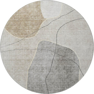 HomeRoots 8' Beige and Brown Abstract Washable Round Rug - Durable, UV-Protected, Ideal for Busy Homes 655582
