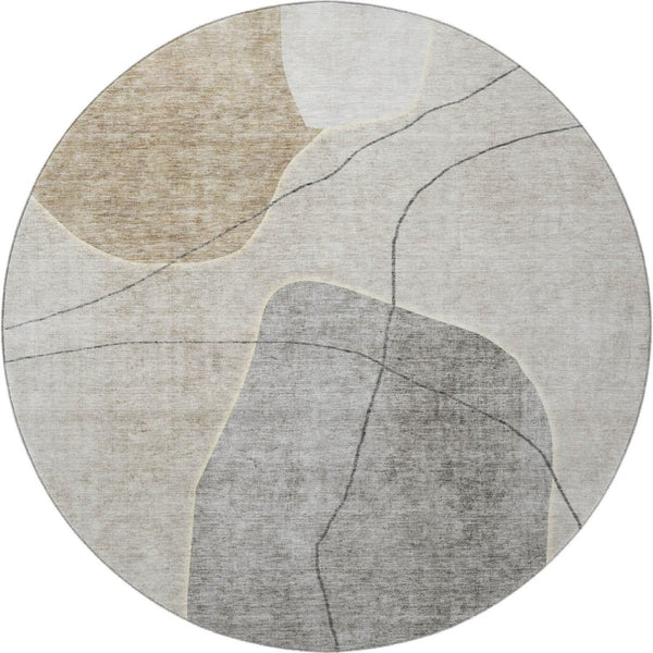 HomeRoots 8' Beige and Brown Abstract Washable Round Rug - Durable, UV-Protected, Ideal for Busy Homes 655582