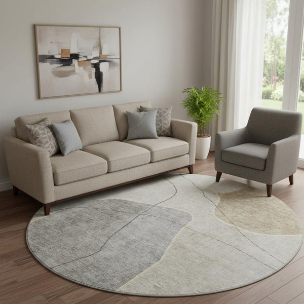 HomeRoots 8' Beige and Brown Abstract Washable Round Rug - Durable, UV-Protected, Ideal for Busy Homes 655582