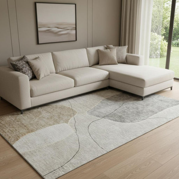 HomeRoots 8' X 10' Beige and Brown Abstract Area Rug - Washable, UV Protected, Stain Resistant for Modern Homes 655583
