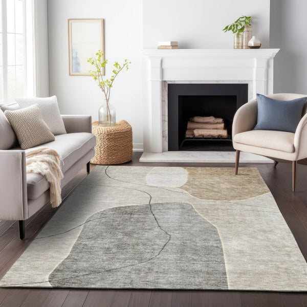 HomeRoots 9' X 12' Beige and Brown Abstract Area Rug - Washable, Stain-Resistant, UV Protected for Modern Homes 655584