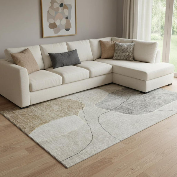 HomeRoots 9' X 12' Beige and Brown Abstract Area Rug - Washable, Stain-Resistant, UV Protected for Modern Homes 655584