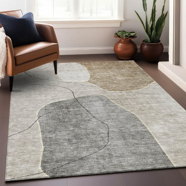 HomeRoots 10' X 14' Beige and Brown Abstract Area Rug - Washable, UV Protected, Stain Resistant for Modern Homes 655585