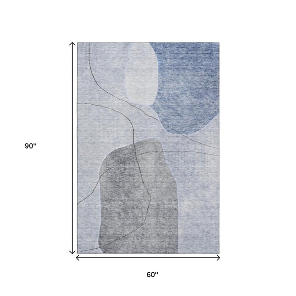 HomeRoots 5' X 8' Stylish Blue and Gray Abstract Washable Area Rug with UV Protection for Modern Living Spaces 655587