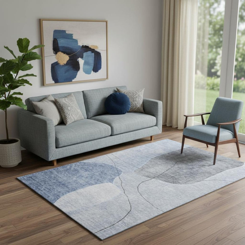 HomeRoots 5' X 8' Stylish Blue and Gray Abstract Washable Area Rug with UV Protection for Modern Living Spaces 655587