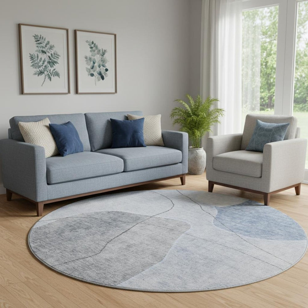 HomeRoots 8' Blue And Gray Abstract Washable Round Rug – Stylish, Stain-Resistant, UV Protected for Busy Homes 655588